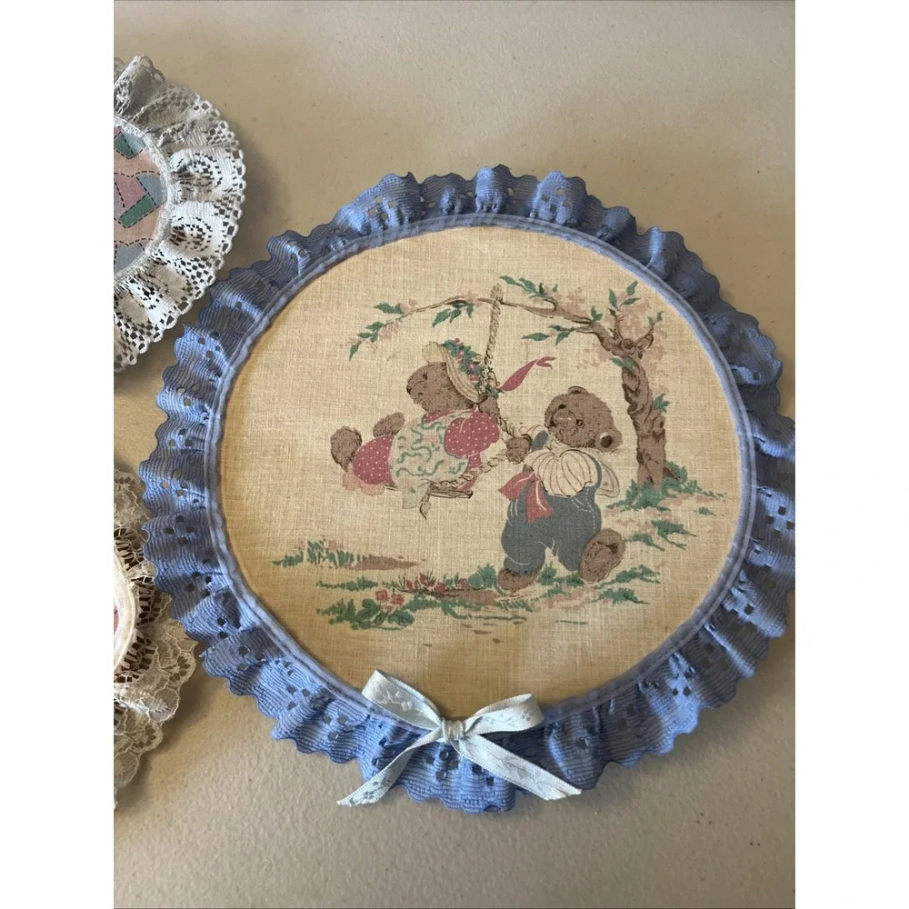 Vintage Wall Hangings With Lace Trim Teddy Bears Toys Embroidery Cottagecore (3)